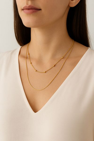 Narflake Steel Women's Necklace Designed Combination with Steel Chain Plain and Beaded Necklace (2 Pcs)