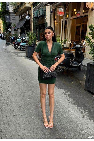 Modafeminen Lace Short Sleeve Gathered Dress 583013 Khaki