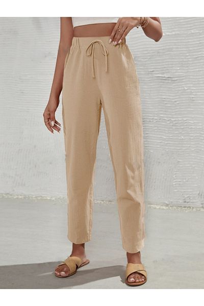 night blue French High Waist Trousers with Pockets-Camel