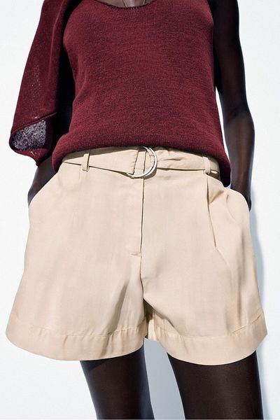 The Champ Clothing Women's Beige Belted Shorts – 100% Cotton Satin High Waist Summer Stylish Model