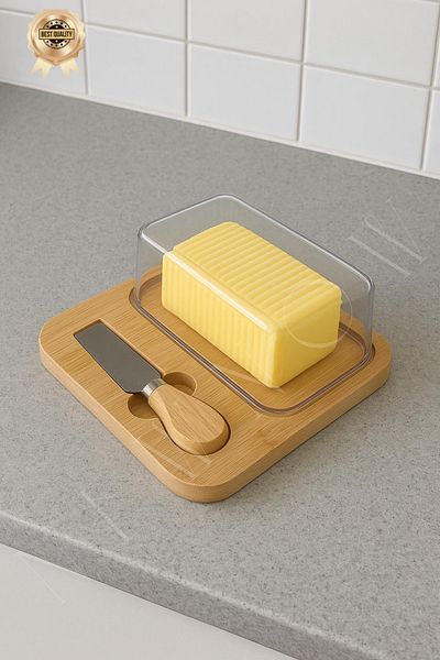 NEWNOW Buttermate Bamboo Butter Container with Transparent Lid & Knife Set