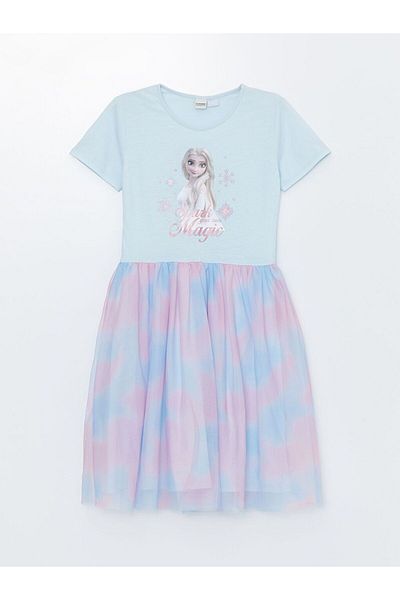 LC Waikiki LCW Kids Crew Neck Elsa Printed Short Sleeve Girl's Dress