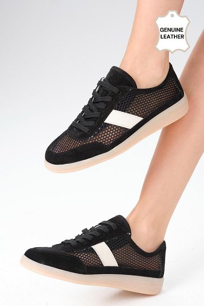 Mio Gusto Irina Genuine Leather Black Color Mesh Women's Sports Shoes