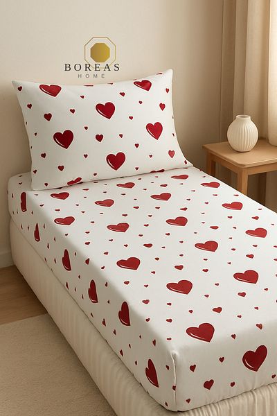 Boreas Home Mini Heart Ranforce Single Fitted Sheet and Pillowcase Set (100X200)