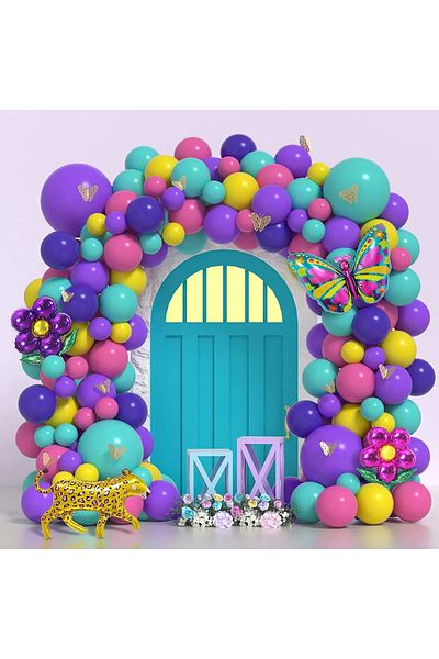 Baloane Vesele Multicolored Balloons Arcade With Butterflies And Leopard 127 Pieces ARC111