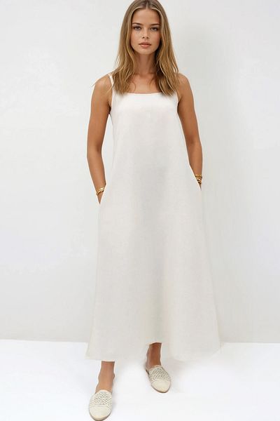 VAGGON Patterned Double Pocket Midi Length Linen Dress with Adjustable Strap