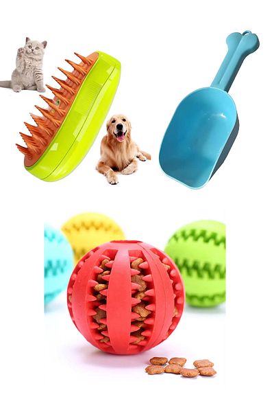 rianka Cat Dog Grooming Play Set 3-Piece - Food Scoop, Steam Hair Collection Comb, Training Ball with Food Bowl