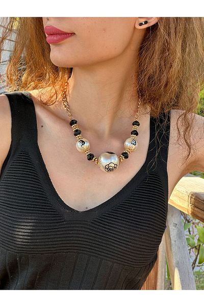 Gönülden Tasarım Engraved Pearl Beaded Design Women's Necklace 22 cm