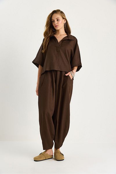Bianco Lucci Women's V-Neck Bat Sleeve Blouse Elastic Waist Pocket Detailed Balloon Trousers Linen Suit 3456 60283473