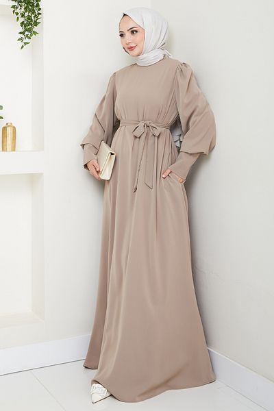 InStyle Balloon Sleeve Plain Model Beige Dress