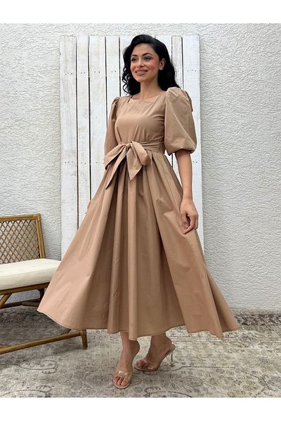 KÜÇÜĞÜM BUTİK Φόρεμα Milk Coffee Big Bow με τετράγωνο γιακά Flared Poplin