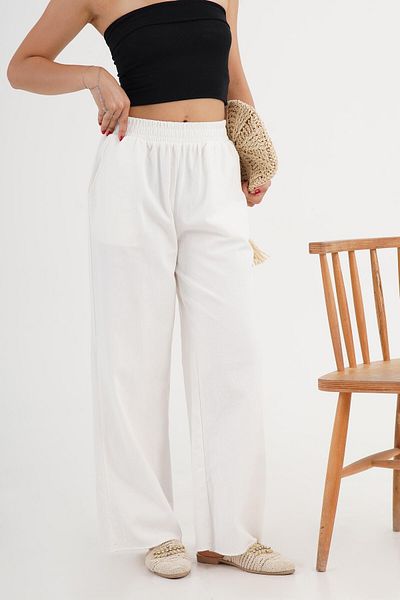 Hipo Trend White Loose Trousers with Ripped Legs and Elastic Waist
