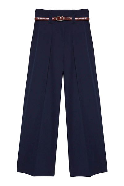 Quzu Belt Detailed Navy Blue Women's Trousers 71262