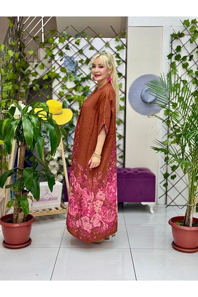 Punta Otantik Yg205050 Italian V-Neck Floral Linen Dress Cinnamon