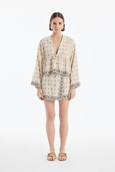 Quzu Ethnic Patterned Tie-Up Linen Beige Women's Blouse with Pile Detail Ckt00358