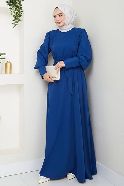 InStyle Balloon Sleeve Plain Model Indigo Dress
