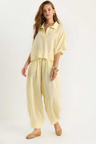 Bianco Lucci Women's V-Neck Bat Sleeve Blouse Elastic Waist Pocket Detailed Balloon Trousers Linen Suit 3456 60283473