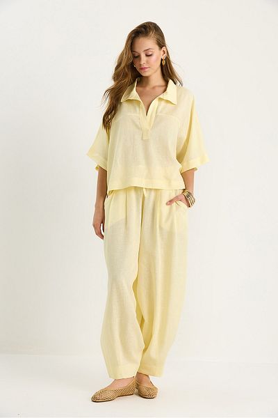 Bianco Lucci Women's V-Neck Bat Sleeve Blouse Elastic Waist Pocket Detailed Balloon Trousers Linen Suit 3456 60283473