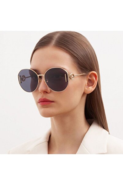 Gucci GG1206SA 002 63-18 Kadın Füme Mat Camlı Oval Altın Metal Çerçeveli Güneş Gözlüğü