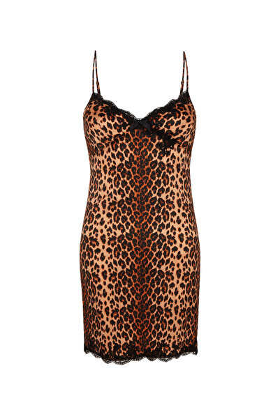 Agent Provocateur Molly Slip Leo Siyah Leopar Desenli İpeksi Saten ve Fransız...