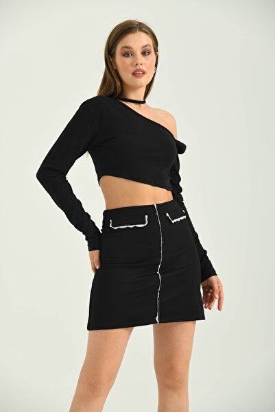 MOVİMENT Fusta mini neagră cu detaliu din dantelă pentru femei