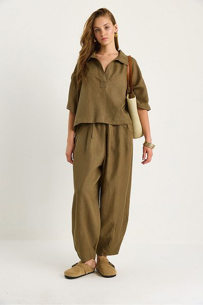 Bianco Lucci Women's V-Neck Bat Sleeve Blouse Elastic Waist Pocket Detailed Balloon Trousers Linen Suit 3456 60283473