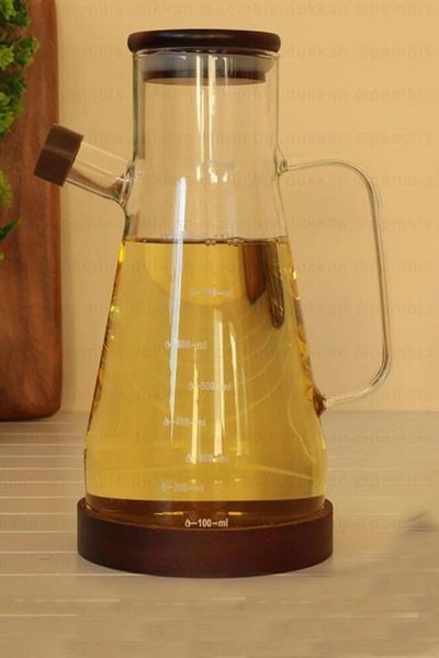 MİEN Akasya 900 ml Oil Pot with Vacuum Lid and Acacia Stand