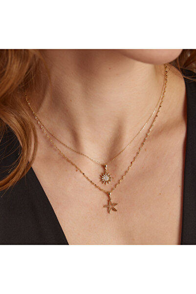 SESERA Taşlı Güneş Altın Kolye Ucu