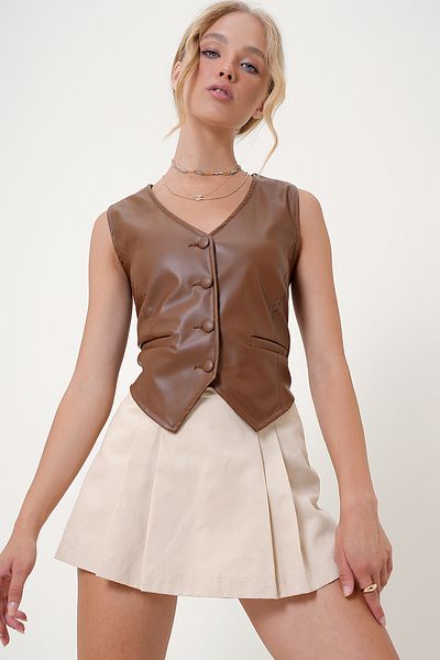 VAGGON Faux Leather Vest with Inside Hood and Pocket Detail