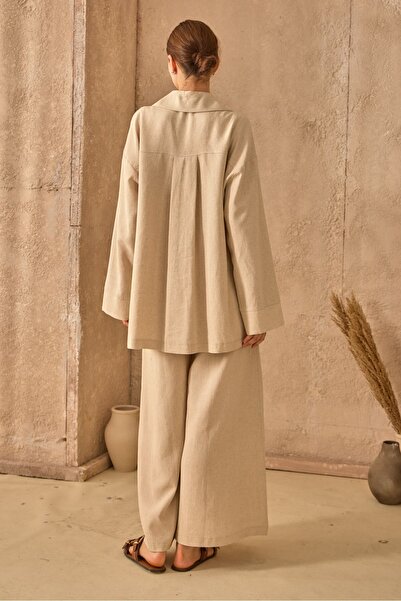 QANU بدلة كتان مع بنطلون بيج