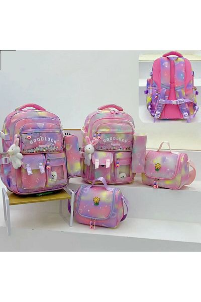 Adalinhome Korean Model Kawaii Good Luck Sparkly Patterned 4-Piece School Bag Set
