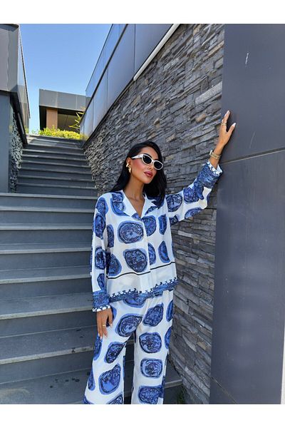 Julidress Blue White Patterned Shirt Pants Bottom Top Premium Satin Suit