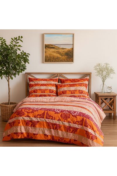 mbd cotton world Cotton World Double Bed Linen Set, 3 Pieces, Soft Microfiber, Orange & Beige