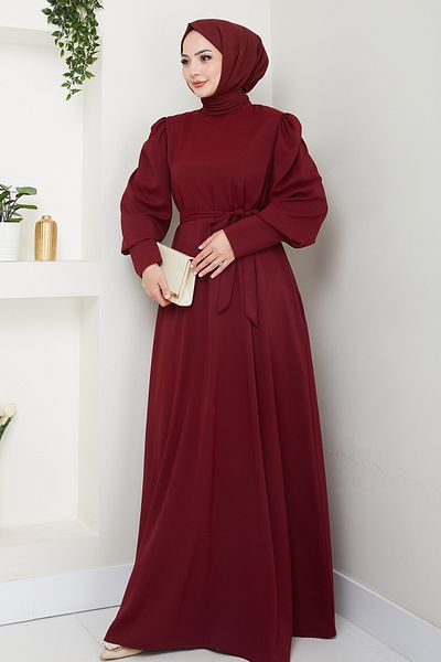 InStyle Balloon Sleeve Plain Model Burgundy Dress