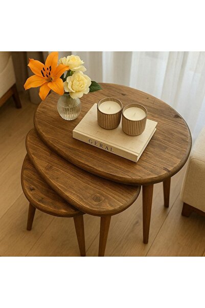 Trihome 3 lü Masif Ahşap Zigon Sehpa Seti Doğal ve Modern Yan Sehpa