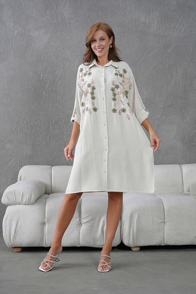 MVStore Embroidered Stone Linen Oversize Shirt Tunic