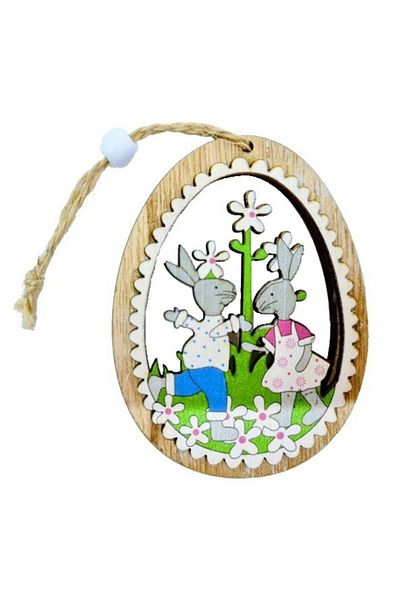 OEM Wooden decoration with hanger, egg with rabbits design, Easter decor, 11cm