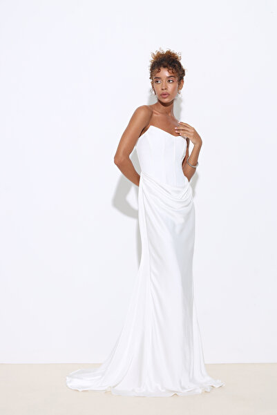 Mozto Isabella Corset Detail Draped White Evening Dress with Sweep Train