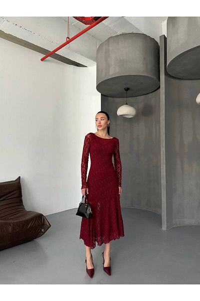 AlisaSu Women's Burgundy Lined Lace Long Sleeve Dress