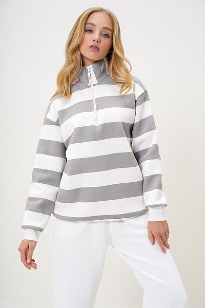 VAGGON Turtleneck Front Zipper Striped Three Thread Inside Raised Winter Sweatshirt