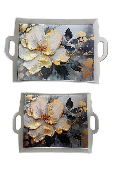 Makri 40X30 and 33X26 cm Decorative and Stylish Flower Patterned Set of 2 Rectangular Presentation Tray