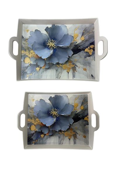 Makri 40X30 and 33X26 cm Decorative and Stylish Flower Patterned Set of 2 Rectangular Presentation Tray