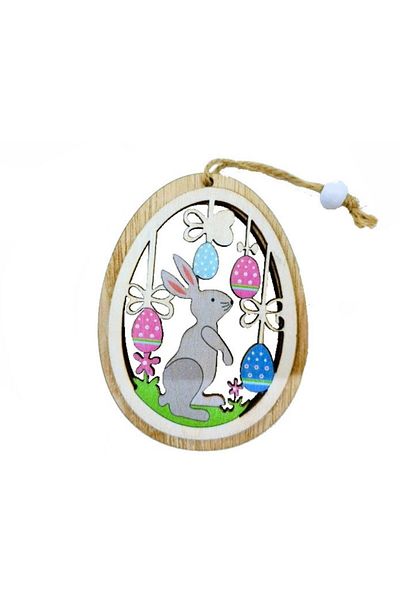 OEM Wooden decoration with hanger, egg with rabbit model, Easter décor, 11 cm
