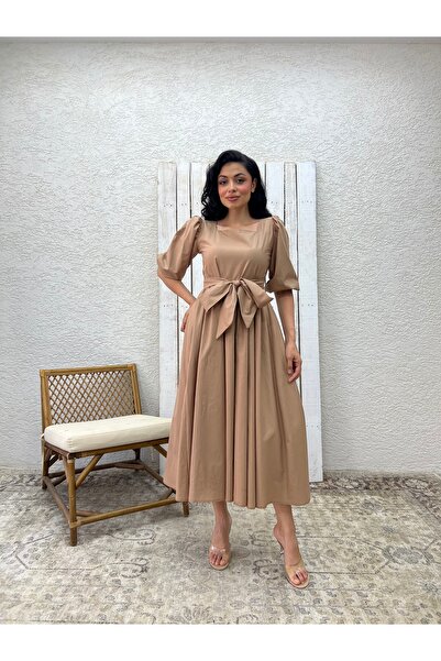 KÜÇÜĞÜM BUTİK Φόρεμα Milk Coffee Big Bow με τετράγωνο γιακά Flared Poplin