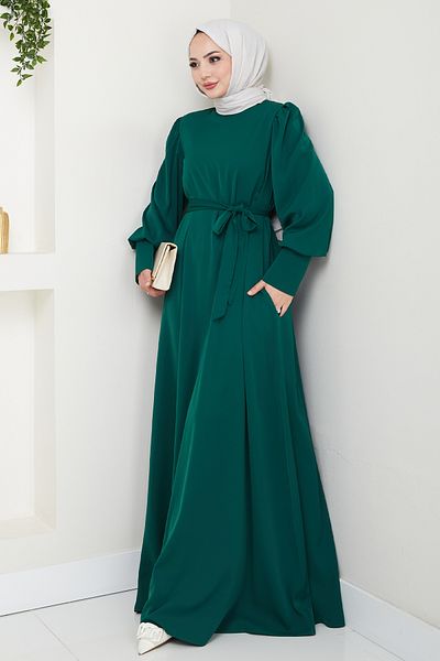 InStyle Balloon Sleeve Plain Model Emerald Green Dress