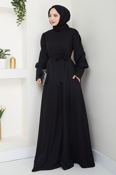 InStyle Balloon Sleeve Plain Model Black Dress