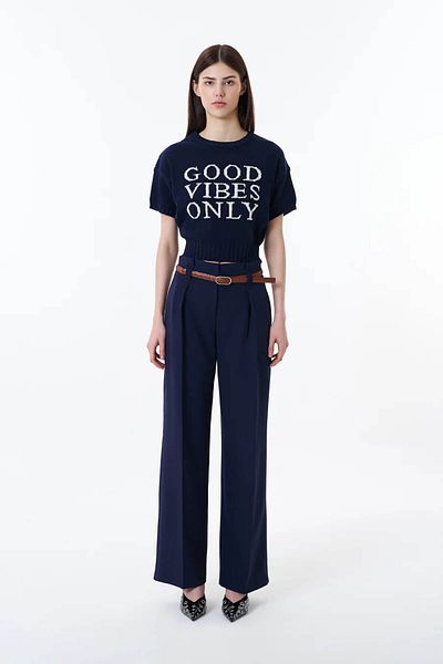 Quzu Belt Detailed Navy Blue Women's Trousers 71262