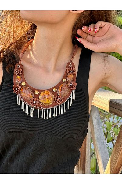 Gönülden Tasarım Brown Tulle Design Flower Ethnic Women's Necklace