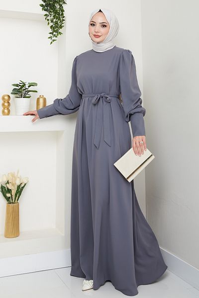 InStyle Balloon Sleeve Plain Model Gray Dress