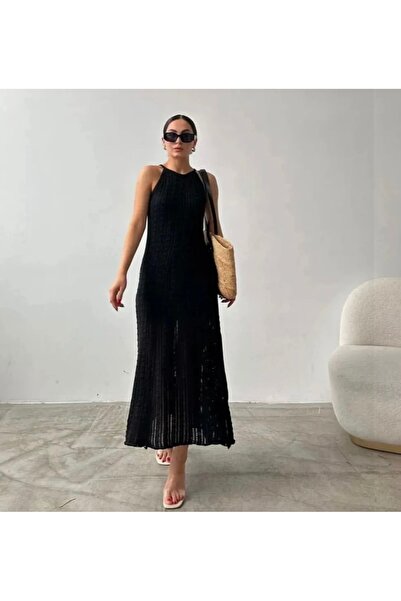 hiraz fashion kadın siyah astarlı halter yaka elbise